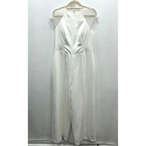 Amsale White Jumpsuit Womens 12 Halter Neck Sheer Overlay Wide Leg Bridal Chic